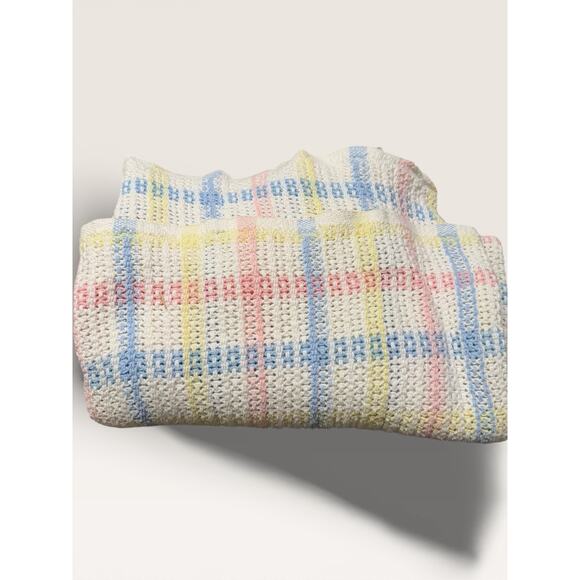 Vtg Cotton Woven Baby Blanket Pastel Plaid Pink Blue Yellow 55” x 36” Cottage - Picture 2 of 5